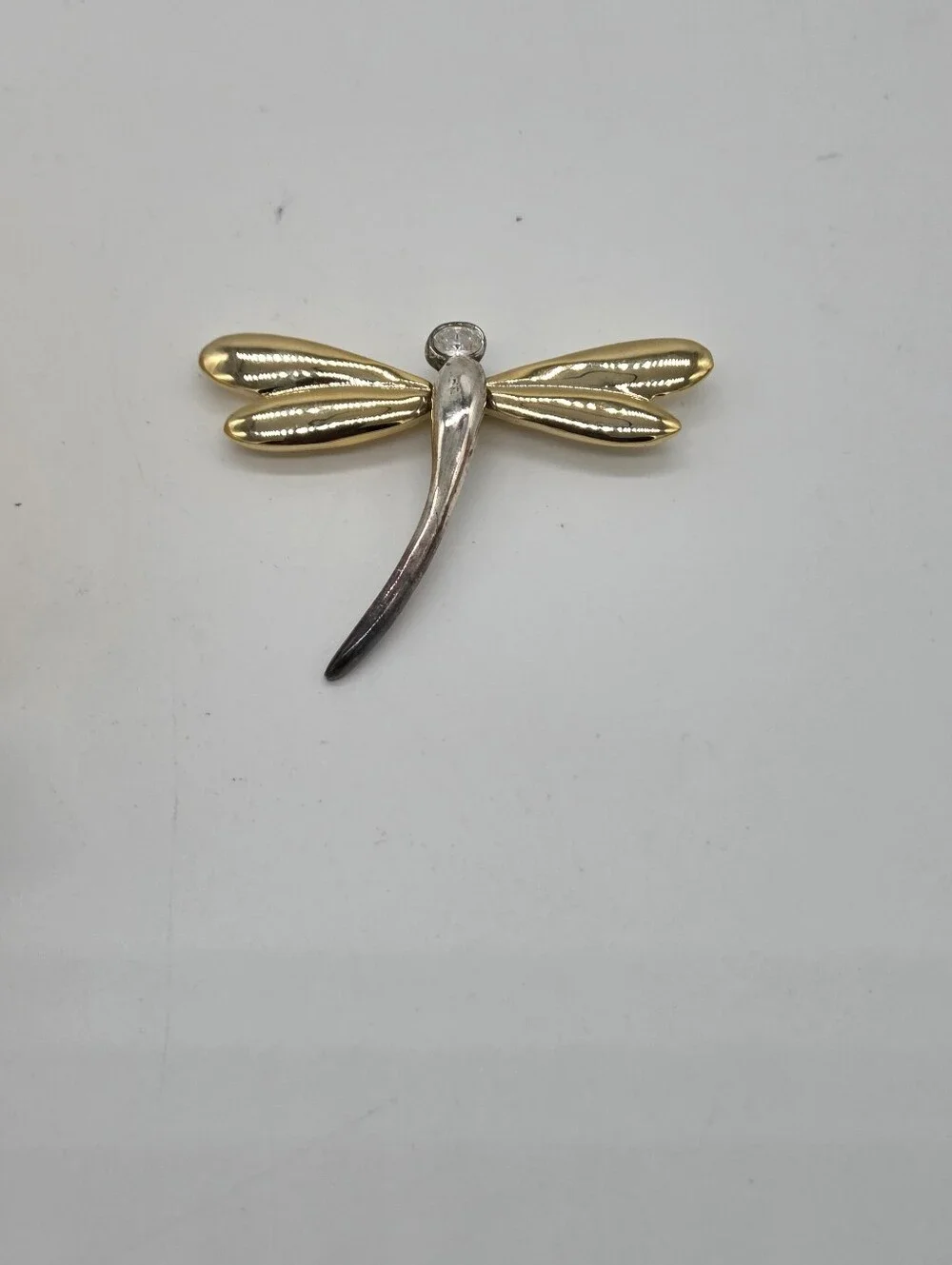 Gold & Silver Dragonfly Brooch with Crystal Accent